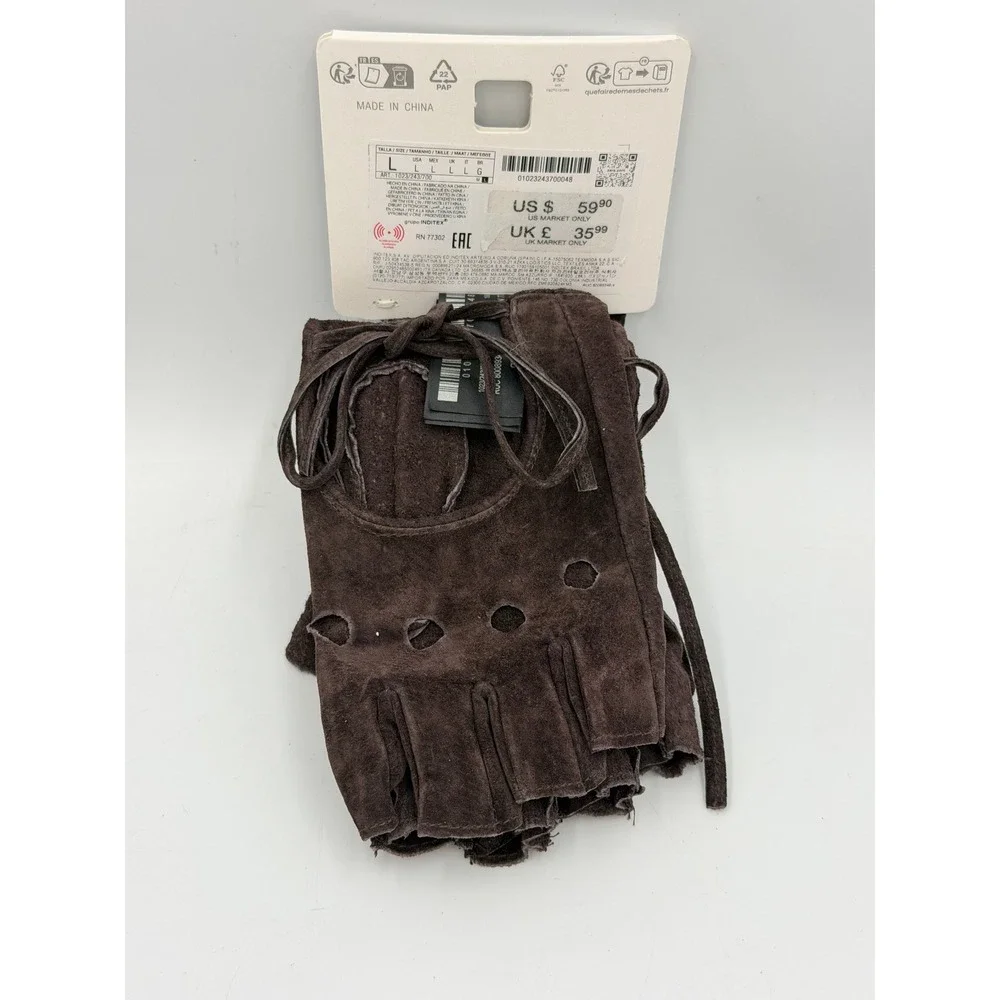 Zara Fingerless Gloves L Brown 100% Suede Leather Lace Up Cut Out NWT